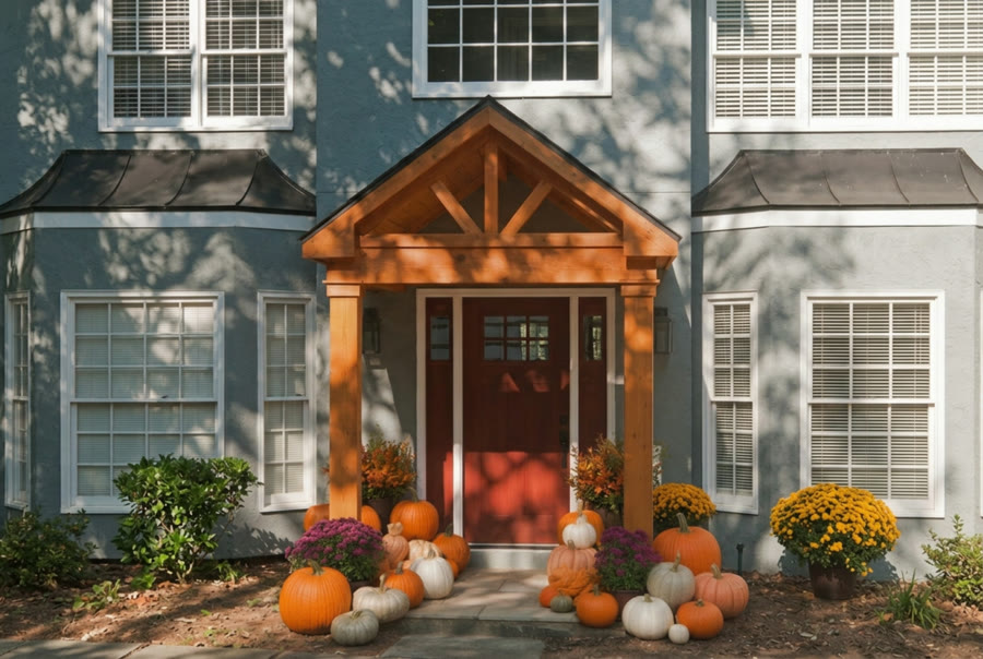 A stylist arranging a custom pumpkin composition on a porch
