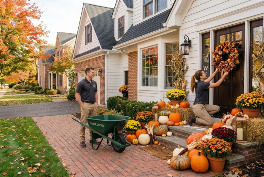 The Curb & Gourd crew installing a porch display