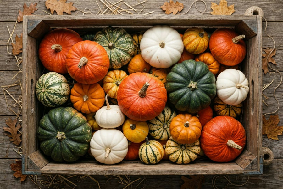 A crate of heirloom pumpkins and gourds in mixed varieties